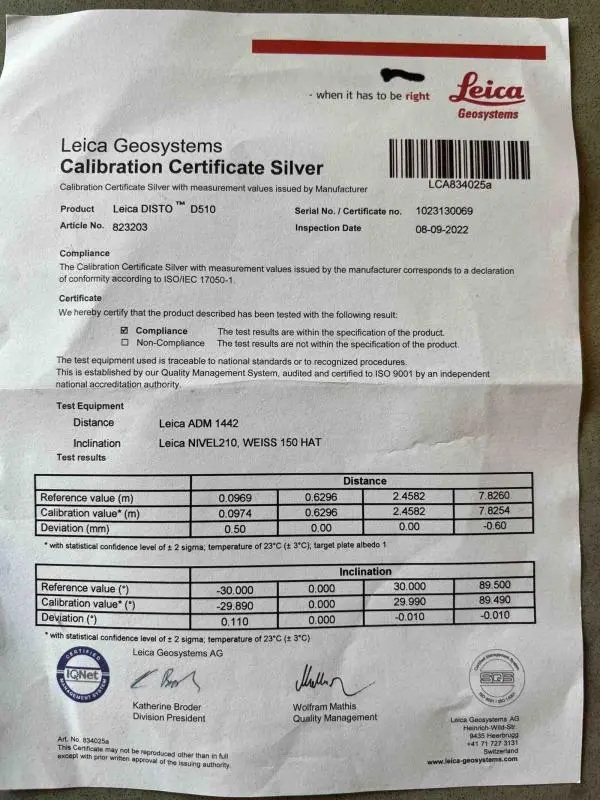 Lasermeter certificaat van Leica