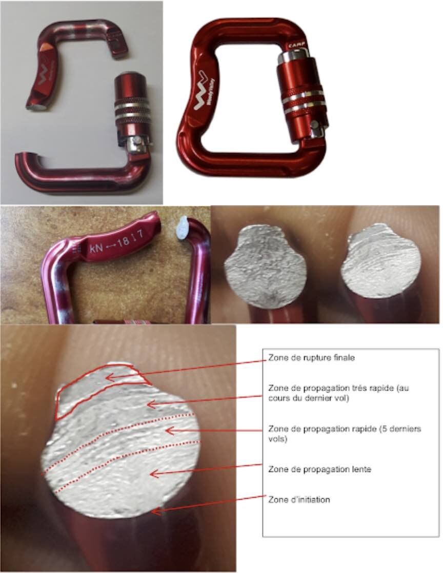 afbeelding van breukvlak van een gebroken paragliding karabiner